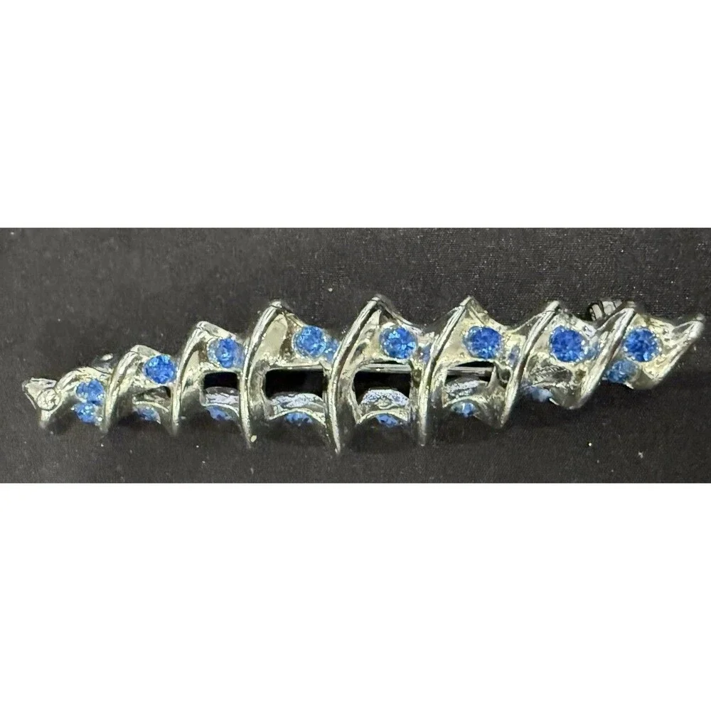 Vintage Silver Tone Spiral/Screw Brooch Pin Brilliant Blue Rhinestones Costume